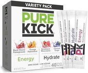 PURE KICK Energy and Hydrate Singles To Go Drink Mix Variety Pack, Black cherry Pomegranate, Orange Passion Fruit, Strawberry watermelon and Concord Grape, 40 Count (Pack - 1)