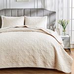 Qucover Bedspreads King Size Soft Lightweight Summer Bedspread Vintage Flower Parrten Breathable Polyester Ultrasonic Quilting Technology Coverlet Set with Pillow Shams, Beige 270x243cm