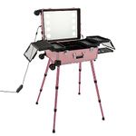 Rolling Makeup Train Case, Makeup Case with Light up Mirror, Large Cosmetic Travel Case with 4 Adjustable Heights, Professional Portable Aluminum Trolley Salon Station, Pink