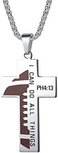 Susook Football Cross Necklace for Men Bible Verse I CAN DO All Things Stainless Steel Sport Pendant for Men(Silver)