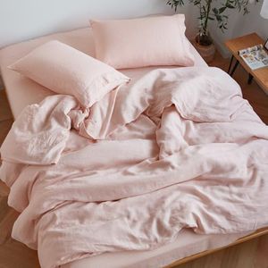 Sijo Stone Washed 100% Organic French Linen Bed Sheet Set, GOTS Certified Organic, Best Cooling Linen Sheet Award by Sleep Foundation 4pc Set - 2 Pillowcases, 1 Fitted and 1 Flat (Blush, King)