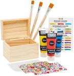 10 Pcs Set Unfinished Wooden Box for Crafts with Hinged Lid, Acrylic Paint Tubes, Brushes & Rhinestone Stickers, Wood Jewelry Stash Storage