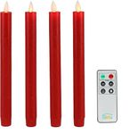 Fanna Red Flameless Taper Candles with Moving Flame, Real Wax Finished Flickering Battery Operated Candles - Set of 4, Remote Control and Batteries