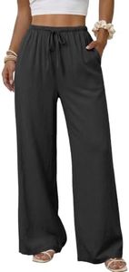 Duyang Womens Cotton Linen Palazzo Pants Drawstring Elastic Waist Casual Wide Leg Trousers with Pockets(Black,XS)