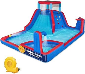 Sunny & Fun Four Corner Inflatable Water Slide Park – Heavy-Duty for Outdoor Fun - Climbing Wall, Slide & Deep Pool – Easy to Set Up & Inflate with Included Air Pump & Carrying Case
