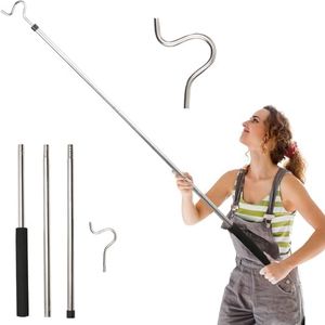 Frebuta Clothing Hook Pole,51 Inch Closet Pole Reach with Hook Stainless Steel Sponge Handle Length Clothes Hook Pole Get Clothes From High Places Be Used Shutters Ceiling