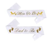"Mom To Be" & "Dad To Be" Baby Shower Sash Bundle - With Cute Stork Image (White & Gold Lettering) Girl Boy Baby Shower Party Decorations, Gifts, Favors, Mommy Supplies Gender Reveal (White)