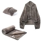 Mellowdy Shawl Blanket Pillow 2-in-1 with Sleeves for Office, Work, Home (Dark Grey, 40x60) - Wearable Adult Snuggie Coat Poncho, Airplane Travel Set, Fleece Shoulder Wrap for Men and Women