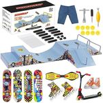 SOWEREAP Fingerboard Skate Park Kit, 9 in 1 Skateboard Ramps with 20pcs Mini Finger Toys Set Including Fingerboards, Finger Pant, Scooters, Finger Skateshoes, Skateboard Toys Gift for Kids