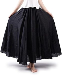 Women's Bohemian Style Elastic Waist Band Cotton Long Maxi Skirt Dress Black 105CM Length