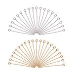 PH PandaHall About 160pcs Silver and Golden Color 40mm Long 304 Stainless Steel Eye Pin for Jewellery Making, Hole: 2mm