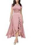 MIUSOL Women's Elegant Floral Lace Ruffle Evening Formal Wedding Guest Party Maxi Dress (Small, Pink)