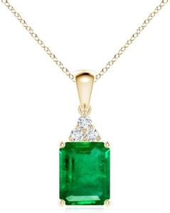 Angara Emerald-Cut Emerald Pendant with Diamond Trio in 14K Yellow Gold
