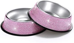 SAVORI Bling Dog Bowls Pink, 640ML Handmade Bling Rhinestones Stainless Steel Pet Bowls Double Food Water Feeder for Puppy Cats Dogs - Set of 2