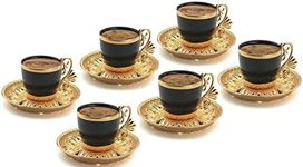 Demmex (Set of 6) Turkish Greek Arabic Coffee Espresso Demitasse Cup Saucer Spoon Set, Black Cups (Gold)