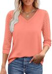 3/4 Length Sleeve Womens Tops Dressy Casual V Neck Lace Sleeve Work Blouses Business Coral XXL