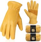 OZERO Leather Work Gloves for Men, 24 Pairs Heavy Duty Gardening Gloves, Cowhide Reinforced Palm, Flexible Keystone Thumb, Elastic Wrist, Yard & Tool Work, Yellow Medium