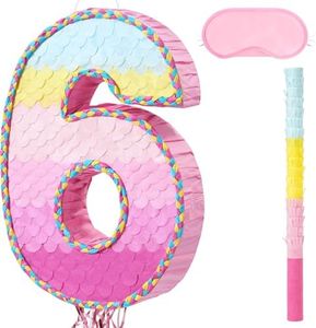 WERNNSAI Number 6 Piñata – Pink 6th Birthday Party Decorations for Kids Girls Rainbow Ombre Six Piñata with Blindfold and Stick for 6 Year Birthday Supplies Princess Anniversary Decoration