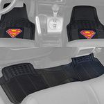 BDK Warner Bros DC Comics Superman Car Accessories - Heavy Duty Rubber Floor Mats, Fits Most Cars, Black 3 Pcs Set, Front and Back - All Weather, Anti-Slip, Custom Fit Car Mats