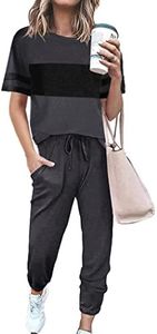 PRETTYGARDEN Women's Two Piece Outfit Short Sleeve Pullover with Drawstring Long Pants Tracksuit Jogger Set (Striped Dark Grey,Medium)