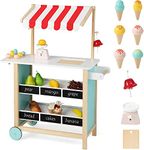 HONEY JOY Kids Ice Cream Cart, Wooden Grocery Store Playset w/6 Pieces Play Food, Realistic Bell & Food Scale, Chalkboard, Pretend Play Dessert Shop Counter Stand Truck, Gift for Boys Girls