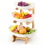 DODUOS 3 Tiered Ceramic Fruit Bowl, Fruit Basket Ceramic for Kitchen Counter, Oval Bowl Set with Natural Rack, Tiered Ceramic Serving Tray Set for Kitchen, Party, Restaurant