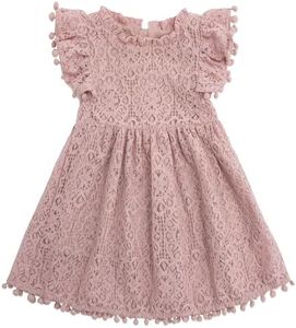 Cabahata Toddler Girls Lace Dress Pom Pom Ruffle Sleeve Kids Party Birthday Princess Dresses(Pink, Tag 130/5T)
