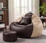 Sattva Classic 5XL Bean Bag Chair with Beans Filled | Faux Leather Sofa Style Bin Bags with Footstool & Cushion | Comfortable Beans Bag for Adults, Teens, Home & Office Seating (Brown & Cream)