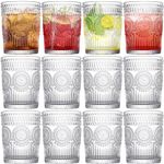 Vintage Drinking Glasses Set of 12, Textured Clear Striped Glass Cups, 10oz Ribbed Glassware Set, Tall Water Glass Tumblers, Mojito Cups, Cocktail Glass, Iced Coffee Cup, Bar Glassware