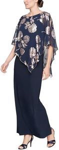 S.L. Fashions Women's Long Cape Mother of The Bride Dress, Formal Gown, New Navy/Rose Gold, 10