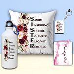 AWANI TRENDS Gift for Sister | Rakhi Gift for Sister Sister on Birthday, Raksha Bandhan Sister Quoted Keyring with Sipper Bottle (600 Ml) and Cushion (12 X12 inch) with Greeting Card Combo