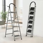 BUILDSKILL Ladder for Home 6 Steps Foldable with Built-in Tool Tray | Heavy Duty D Shape Rods | 20 x 30cm Large Platform | Wide Rubber Feet | Secure Lock | 150Kg Capacity - 5 Years Warranty
