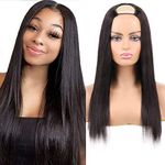 Huarisi U Part Wig Human Hair for Women, 100% 10A 1b Brazilian Hair Straight, Glueless Full Head Clip in Half Wigs U Shape Wigs, 150% Density Natural Color (22 Inch)