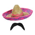 Adults Deluxe Mexican Sombrero Set - Pack of 1 - Pink Embroidered Straw Sombrero and Black Moustache - Mexico Fiesta Cinco de Mayo Mariachi Fancy Dress Costume Accessory Set