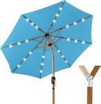 Best Choice Products 10ft Solar Market Patio Umbrella w/Woodgrain Pattern Pole, LED Lights, Tilt & Crank – Outdoor Sun Shade for Backyard Table, Deck, Poolside – Sky Blue