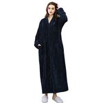 GSNOW Women Terry Towelling Bathrobe Zip Up Spa Dressing Gown for Winter Autumn Navy M