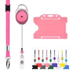 Retractable Lanyard and Badge Holder Trio Triple Pack by LanyardsTomorrow - Set Includes A Single Plain Lanyard, Extendable Carabiner Yoyo Reel Clip and Rigid ID Card Holder (Pink)