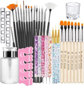 36 Pcs Nail Art Brushes Set with Nail Dotting Tools, Nail Liner Brush Detail Brushes, Nail Dappen Dish，Nail Pump Dispenser Bottle, Nail Art Pen Holder and Toe Separators, DIY Nail Art Tools