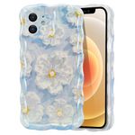 EYZUTAK Case for iPhone 12, Colorful Retro Oil Painting Flower Laser Glossy Pattern Cute Curly Wave Border Exquisite Phone Cover Stylish Durable TPU Protective Case for Girls Women - Light Blue