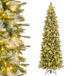DORTALA Pre-Lit Pencil Christmas Tree 9 FT, Snow Flocked Slim Artificial Xmas Tree with 1228 Branch Tips, 470 Warm White LED Lights & Metal Stand, Decoration Tree for Home, Shop, Office