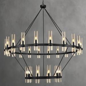 Black Wagon Wheel Chandelier 2 Tier, 60 Inch Chandeliers with Glass Shade, 30-Light Large Chandelier for High Ceiling, Modern Farmhouse Chandeliers for Living Room, Dining Room, Entryway and Staircase