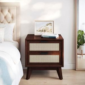 Bme Jasper Deluxe Solid Wood Rattan Nightstand Fully Assembled-Mid Century Modern Side Table with 2 Drawers-Multipurpose use for Living Room, Bedroom-Walnut