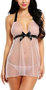 Avidlove Women V-Neck Lingerie Mesh Halter Babydoll Stain Chemises, Pink, Medium