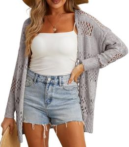 GRECERELLE Cardigan for Women Casual Loose Crochet Knit Open Front Cardigans Sweaters, Light Gray, Medium