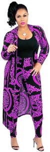 Max2co Women 2 Piece Outfits Floral Long Sleeves Open Front Cardigan Cover up with Leggings High Waist Long Pants Set Purple 3XL