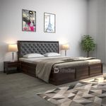 DRIFTINGWOOD Dolvi Solid Sheesham Wood Queen Size Bed with Storage | Wooden Double Bed Cot Bed with Box Storage & Upholstered Grey Cushioned Headboard for Bedroom | Rosewood, Walnut Finish