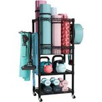 FUTASSI S1 Home Gym Storage, 3-Tier Workout Equipment Organizer with Wheels for Yoga Mats, Foam Roller, Dumbbells, Kettlebells, and Resistance Bands, 47.4" H x 27.5" L x 11.8" D, Black