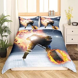 Boys Ice Hockey Bed Linen Set, Teens Puck Sport Fans Duvet Cover 155 x 220 cm, Sports Games Theme Comforter Cover for Children Adults Men, Gold Flame Soft Microfibre Duvet Cover Bedroom Decor