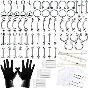 A-minusone 84 PCS Body Septum Piercing Kit 14G 16G Tools for Nose Tongue Lip Ear Eyebrow Belly Button Cartilage Tragus Industrial Barbell Helix Daith Piercing Jewelry Clamps