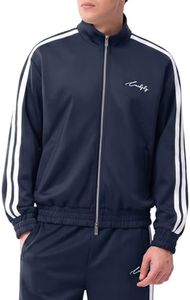 Luckfly Men's Track Jacket (Only) Full Zip Casual Athletic Stand Collar Striped Streetwear with Zipper Pocket L(Blue)